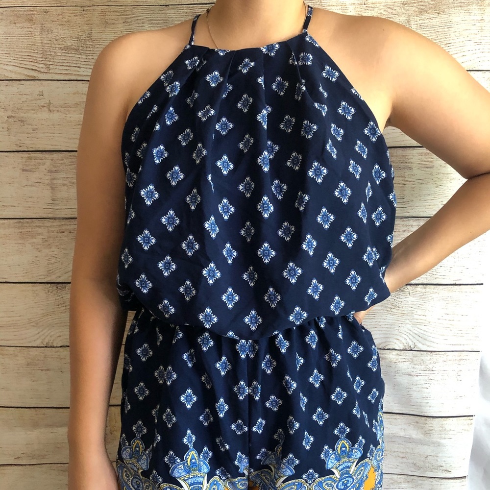 Halter Top Shorts Romper with Floral/Tribal Print